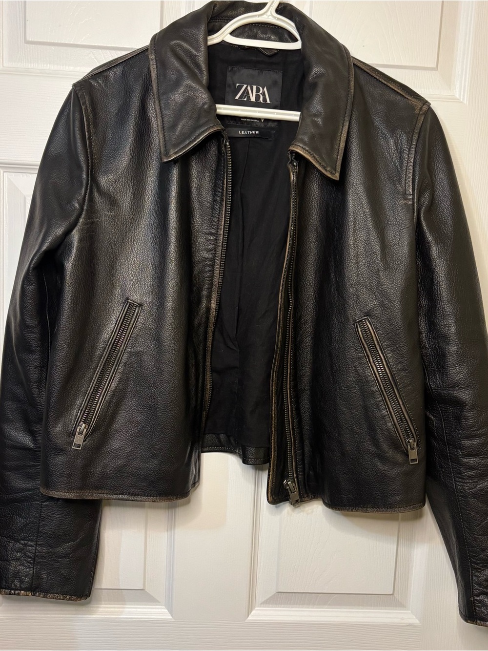 Zara Brown Leather Zip-Front Jacket